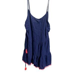 Miken Swim Pom Tassel Cover-Up Dress L Adjustable Straps Navy/Red